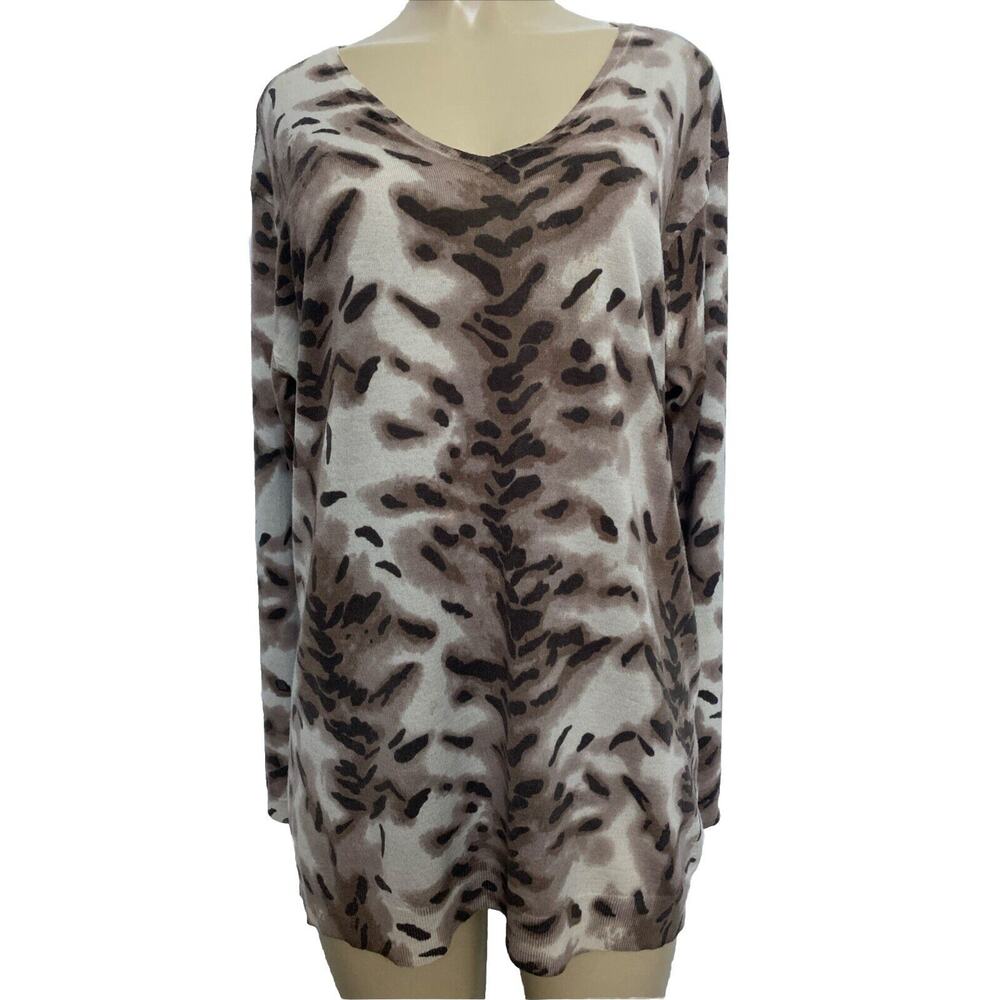 Adrienne Vittadini Sweater Top Animal Print V Neck Long Sleeve Pullover …